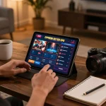 Engaged gamer using TO288 on tablet with gaming strategies at home.
