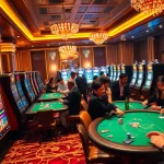 Excited players enjoying idn slot gaming at a luxurious casino with vibrant slot machines.