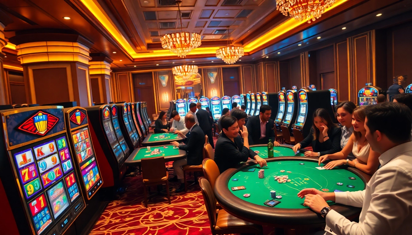 Excited players enjoying idn slot gaming at a luxurious casino with vibrant slot machines.