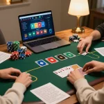 Engaged player enjoying a lively online poker game on 68win app, showcasing colorful chips and cards in an inviting home environment.