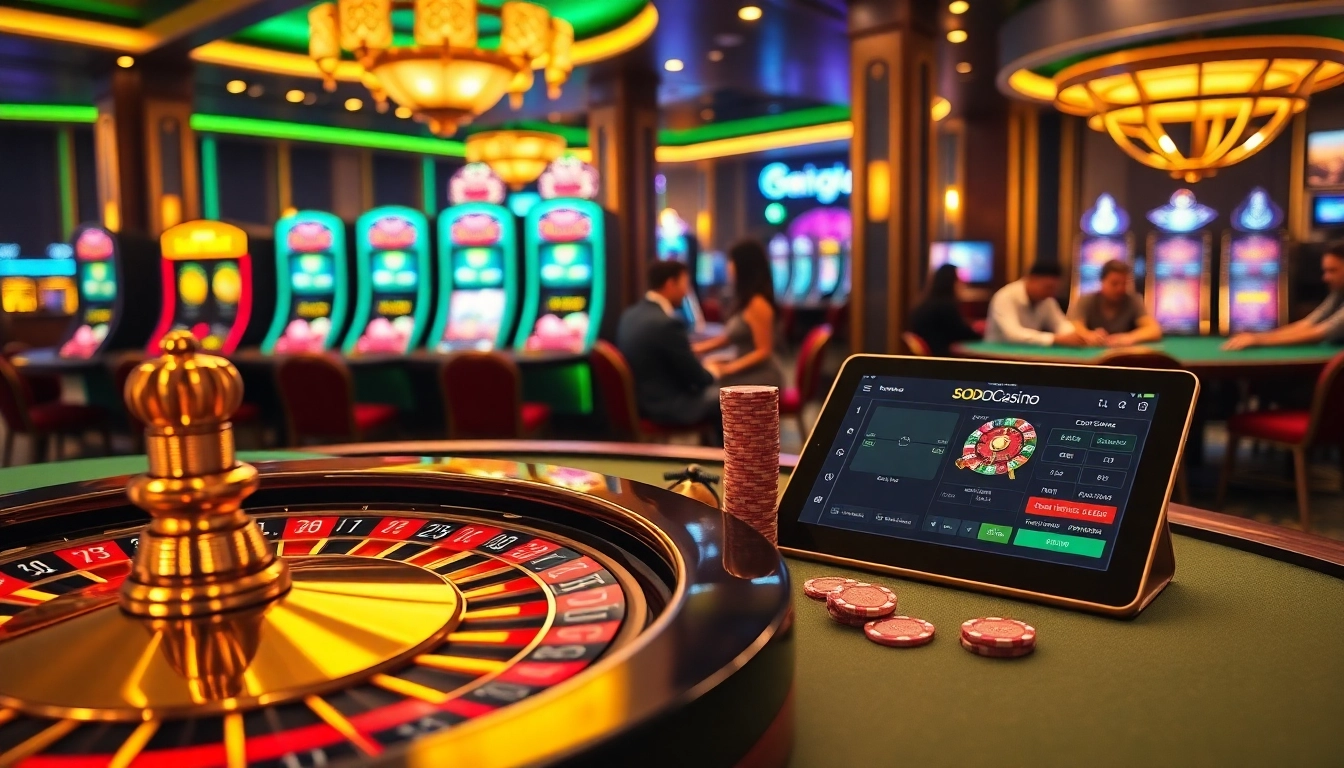 SODO CASINO gaming table with poker chips and roulette wheel in an elegant atmosphere.