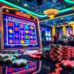 Rasakan kegembiraan bermain slot aman788 dengan visual cerah dari chip poker dan pemain yang merayakan kemenangan.