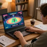 Engaged player strategizing on goal123.us.com while enjoying online gaming in a cozy home environment