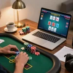 Player strategizing poker at home during a 68win online gaming session.