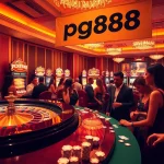 The excitement of placing bets at pg88's lavish casino with vibrant slot machines and roulette tables.