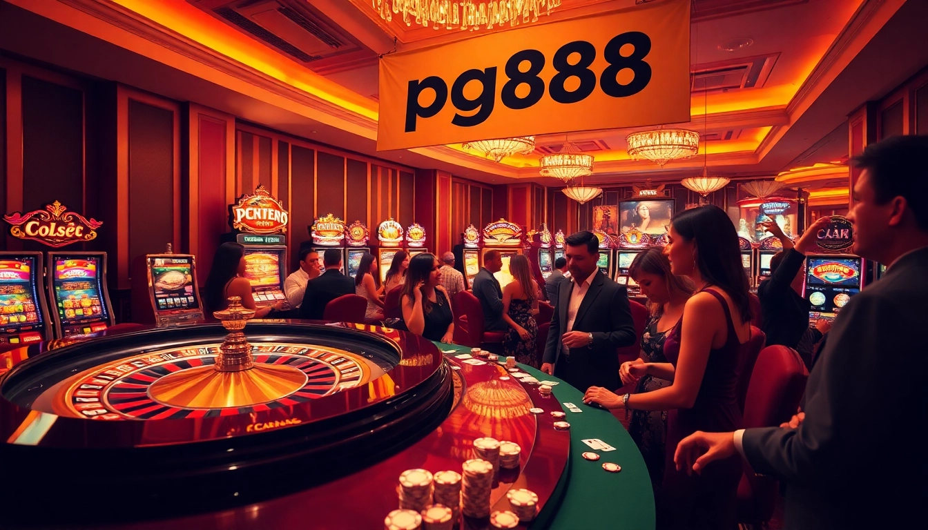 The excitement of placing bets at pg88's lavish casino with vibrant slot machines and roulette tables.