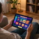 The player engages with rr99's vibrant casino app on a tablet in a cozy living room setting.