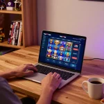 Engaging in online gaming with the taya777app on a cozy laptop setup, showcasing the entertaining atmosphere.