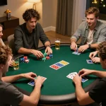 Malam poker Dewi123 bersama teman-teman terlibat dalam permainan berisiko tinggi, chip dan kartu berwarna-warni di meja.