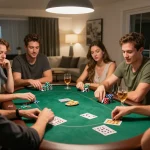 Teman-teman menikmati malam poker dengan aplikasi starplay88 terbuka, menampilkan chip dan kartu di lingkungan yang nyaman.