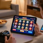 Bermain game slot online di tablet dalam suasana rumah yang nyaman, menunjukkan kegembiraan dari situs slot online