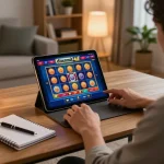 Engaged player using dinamit4d gaming app on tablet in cozy home, showcasing online gambling atmosphere