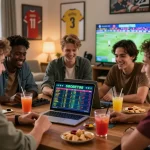 Friends enjoying SBOBET88 sports betting in a lively living room.