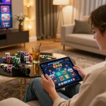 Engaged player enjoying a poker game on RR99 using a tablet in a cozy home setting