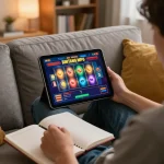 Pemain Bintangmpo berinteraksi dengan mesin slot online di tablet, lingkungan rumah yang nyaman.