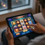 Player interacting with link slot games on a tablet in a cozy home setting, inviting atmosphere of online gambling.