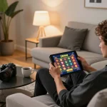 CK444 players engaging in online casino gaming from home, showcasing an interactive slots experience within a cozy setting