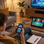 PHDREAM6268 player engaging in online gaming with smartphone, showcasing a cozy home setting and casino app