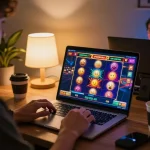 cm88 player engaged with online slots on laptop, enjoying responsible gaming in cozy setup