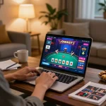 Kuwin online gaming scene showing a player engaged in poker with vibrant interface and cozy home environment.