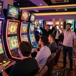 Players cheering wins at vibrant slot machines in a casino, revealing the excitement of red88 của nước nào.