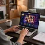 Rasakan permainan online yang dinamis dengan AIR123 di meja kerja yang bergaya, berinteraksi dengan fitur kasino modern.