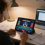 Engaging in Canada online casinos with a live game on tablet, surrounded by strategy notes.