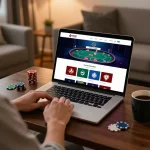 Player enjoying SC88 poker gameplay on laptop in a cozy living room setup.