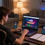 Player using rr88 casino app on laptop and smartphone in a cozy living room setting