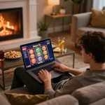 Engaging player enjoying slot depo 5k on laptop in a cozy home setting