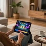 IWIN CLUB user engaging with tablet at home for responsible online gaming