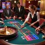 Play at the roulette table in an official website casino, with lively players and croupier