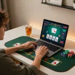 Kong88 player engaged in immersive online blackjack gaming experience at home