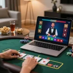 rik88 player enjoying live dealer blackjack on a laptop in a stylish home setting