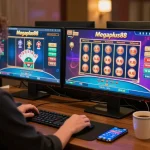Player engaging with Megaplus88's online casino games in a cozy home office setup