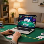 Engaging online casino gameplay experience in a cozy home setting featuring poker.