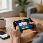 PHTAYA player engaging in live casino gaming on smartphone in a cozy home setting.