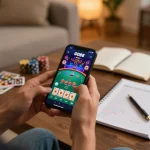 Engaging gameplay on the GO88 app as a player strategizes with notes and smartphone in cozy home.