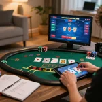 Engaging in a live dealer game on tic88, showcasing immersive online casino action in a cozy living room.