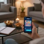 Engaging in slot nekatwin games on a smartphone in a cozy living room, highlighting a modern online gaming experience.