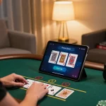 Engaged player using 388bet for live dealer blackjack in a luxurious home setup.
