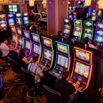 Players enjoying slots in a lively casino atmosphere with colorful machines and engaging gameplay.