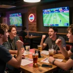 Friends placing sports bets at KP88 bar while watching live games with excitement.