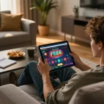 Engaged player enjoying FB88 online casino experience on tablet in cozy home setting