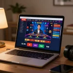 Engaging online casino gameplay at nk88 on laptop with live dealer, showcasing cozy home environment