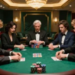 RR99 players engaged in intense poker action at a luxurious table with vibrant chips.