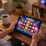Pemain online Tokyo88 menikmati permainan slot di tablet dengan camilan di dekatnya untuk pengalaman bermain yang nyaman