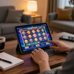 Player engaging with GTAtogel slot games on a tablet, showcasing a cozy gaming atmosphere.