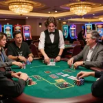 Pemain terlibat dalam permainan blackjack yang mendebarkan di kasino Las Vegas, menampilkan kegembiraan websitedevuk dan taruhan strategis.