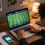 Pengguna yang terlibat menganalisis skor langsung SPBO 1 di laptop selama taruhan olahraga
